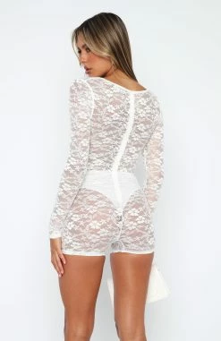Down The Line Long Sleeve Lace Playsuit White -Outlet The Lounge Vibe Store 05.01.222401