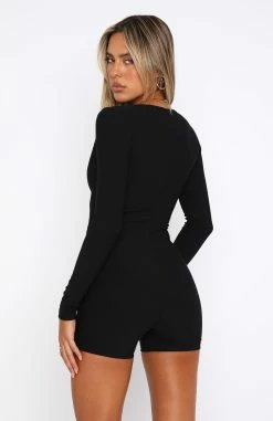 Free Your Mind Long Sleeve Ribbed Playsuit Black -Outlet The Lounge Vibe Store 15.12.2218200
