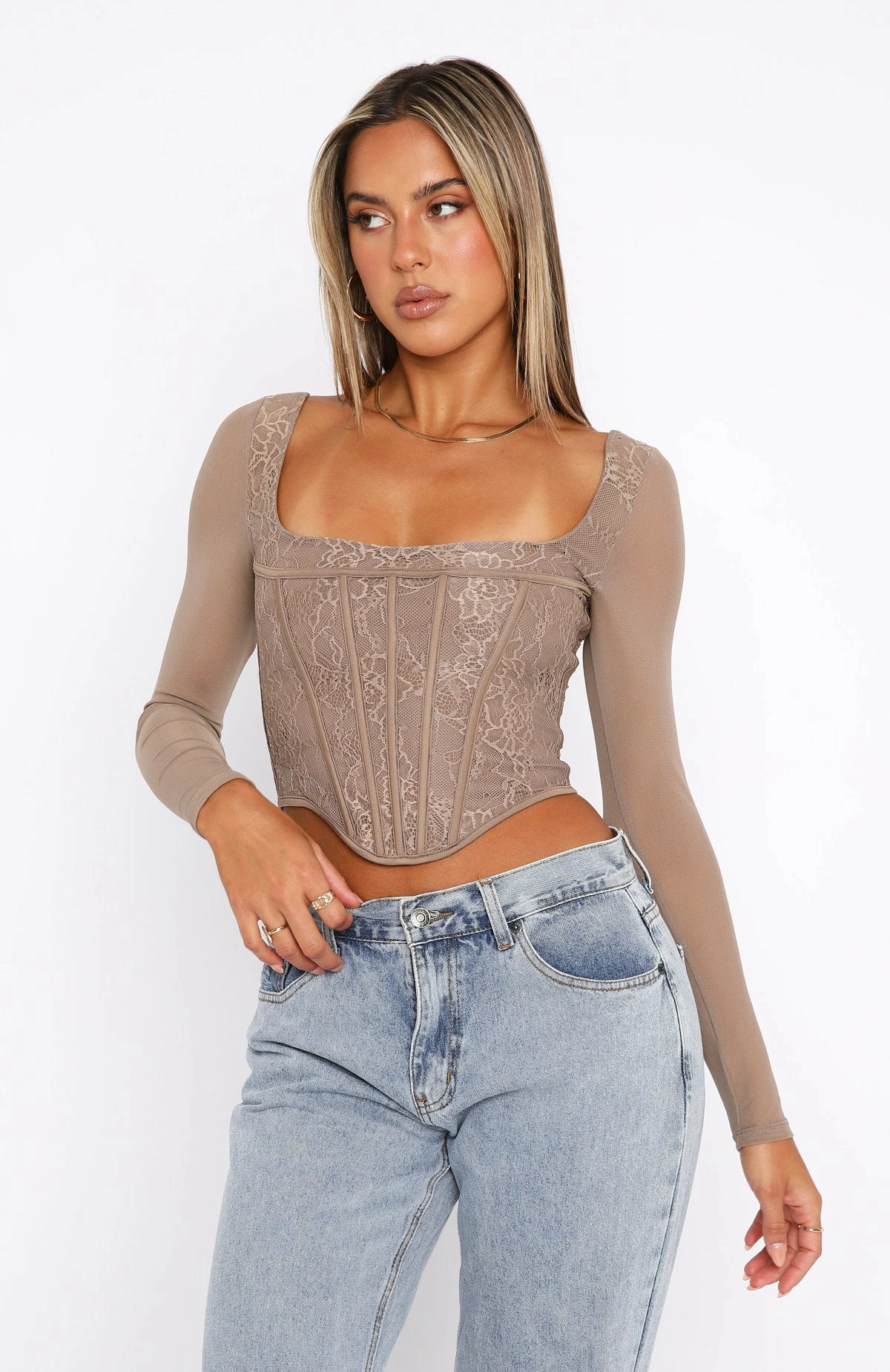 Met In The South Long Sleeve Lace Bustier Mocha 2 Met In The South Long Sleeve Lace Bustier Mocha - Image 2