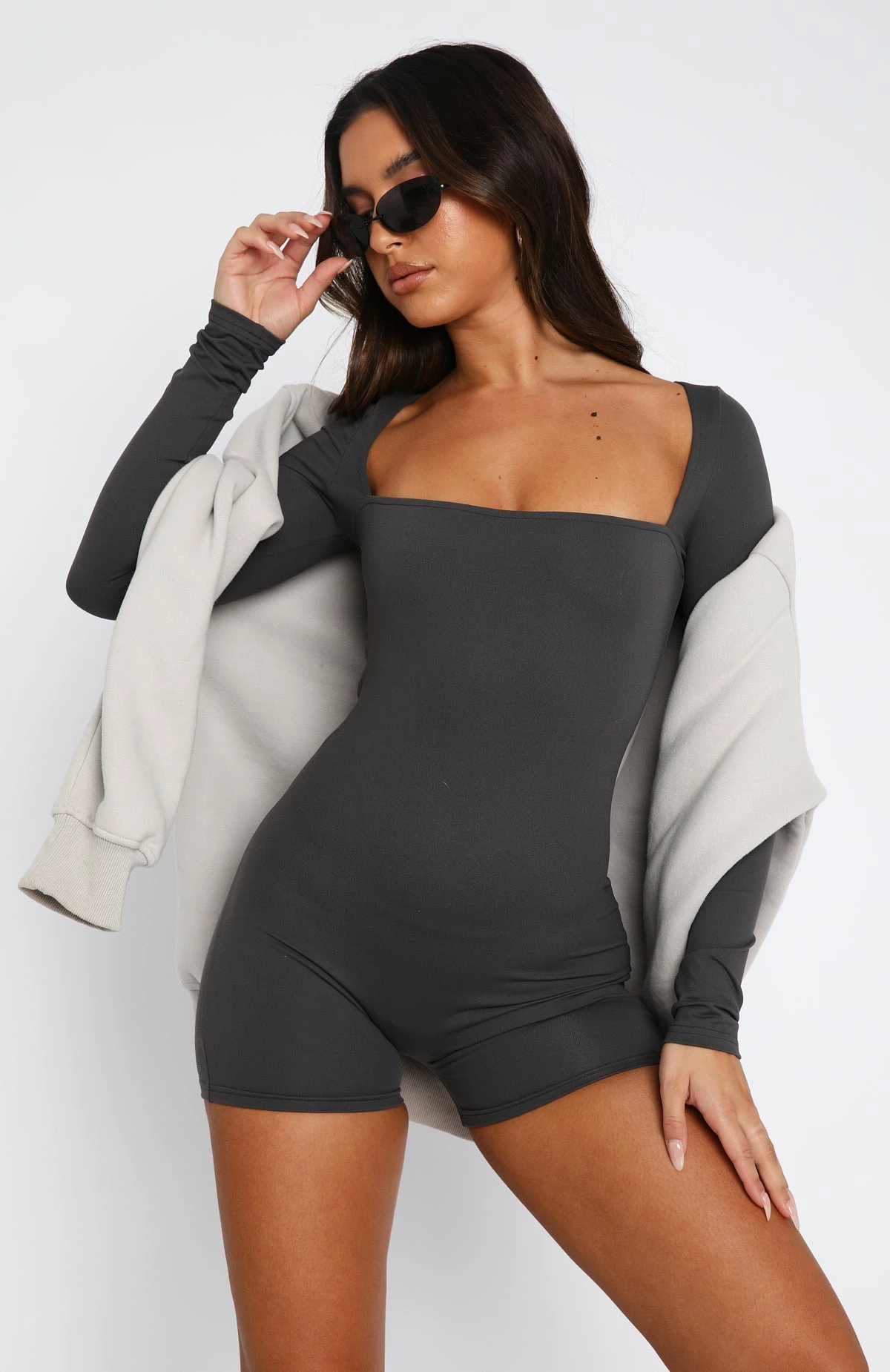 Bring The Vibes Long Sleeve Playsuit Charcoal 2 Bring The Vibes Long Sleeve Playsuit Charcoal - Image 2