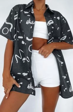 Cabo Cutie Button Up Shirt Black Scribble -Outlet The Lounge Vibe Store CABO CUTIE SHIRT 100123 01