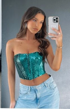 Guest List Sequin Bustier Emerald Green
