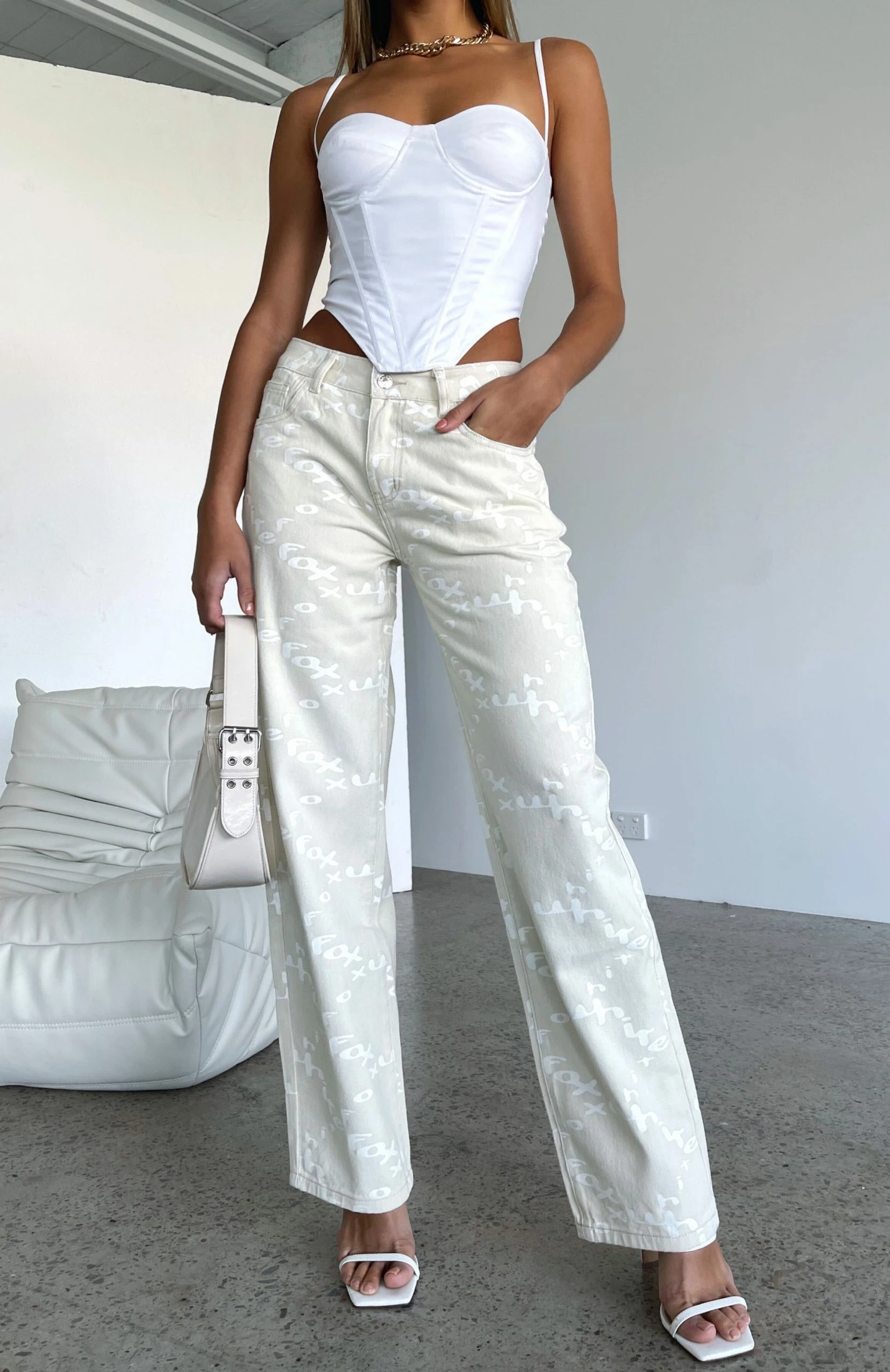 Catch Me Out Mid Rise Straight Leg Printed Denim Jeans Cream 7 Catch Me Out Mid Rise Straight Leg Printed Denim Jeans Cream - Image 7