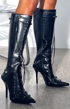 Jasmine Knee High Boots Black Croc