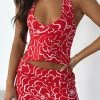 Show Off Halter Top Red Floral Sketch