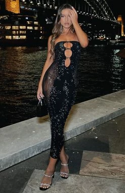 Main Character Strapless Diamante Midi Dress Black -Outlet The Lounge Vibe Store pg